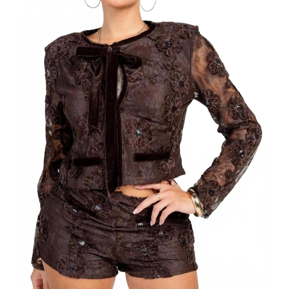 NEW PRIVY eden floral lace jacket & short set in brown